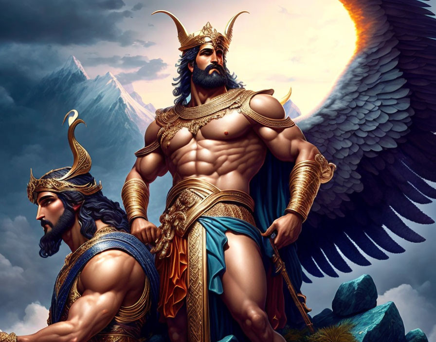 Mythological themed illustration: Two muscular winged figures in ornate armor, set against mountainous