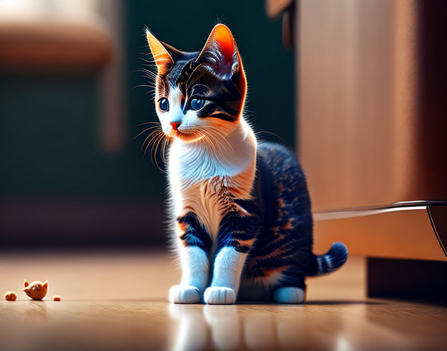 Digital artwork: anthropomorphic kitten with expressive eyes on wooden floor near spilled food