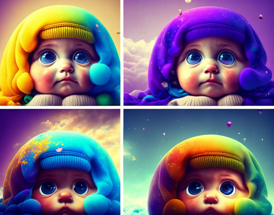 Vibrant baby portraits with colorful knit cap in fantastical setting