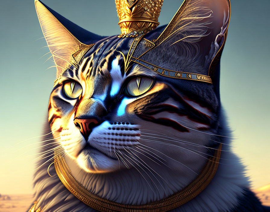 Detailed digital artwork of majestic cat with Egyptian headdress in vibrant colors & intricate designs on warm backdrop