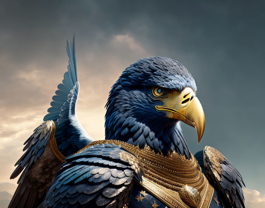 Detailed illustration of majestic eagle in golden armor against stormy sky