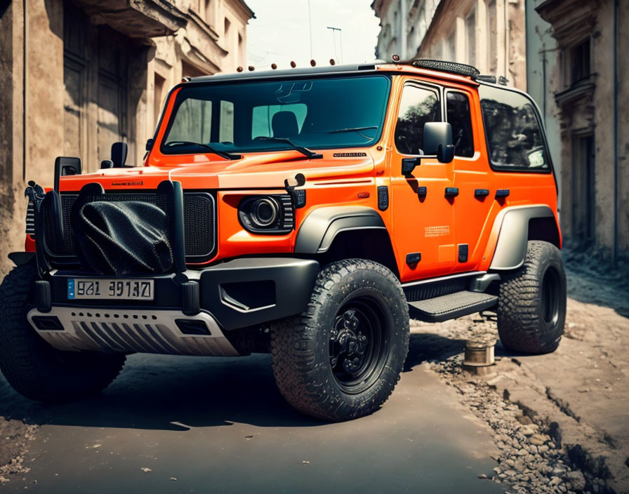 Vibrant orange off-road vehicle with oversized tires and snorkel in urban setting