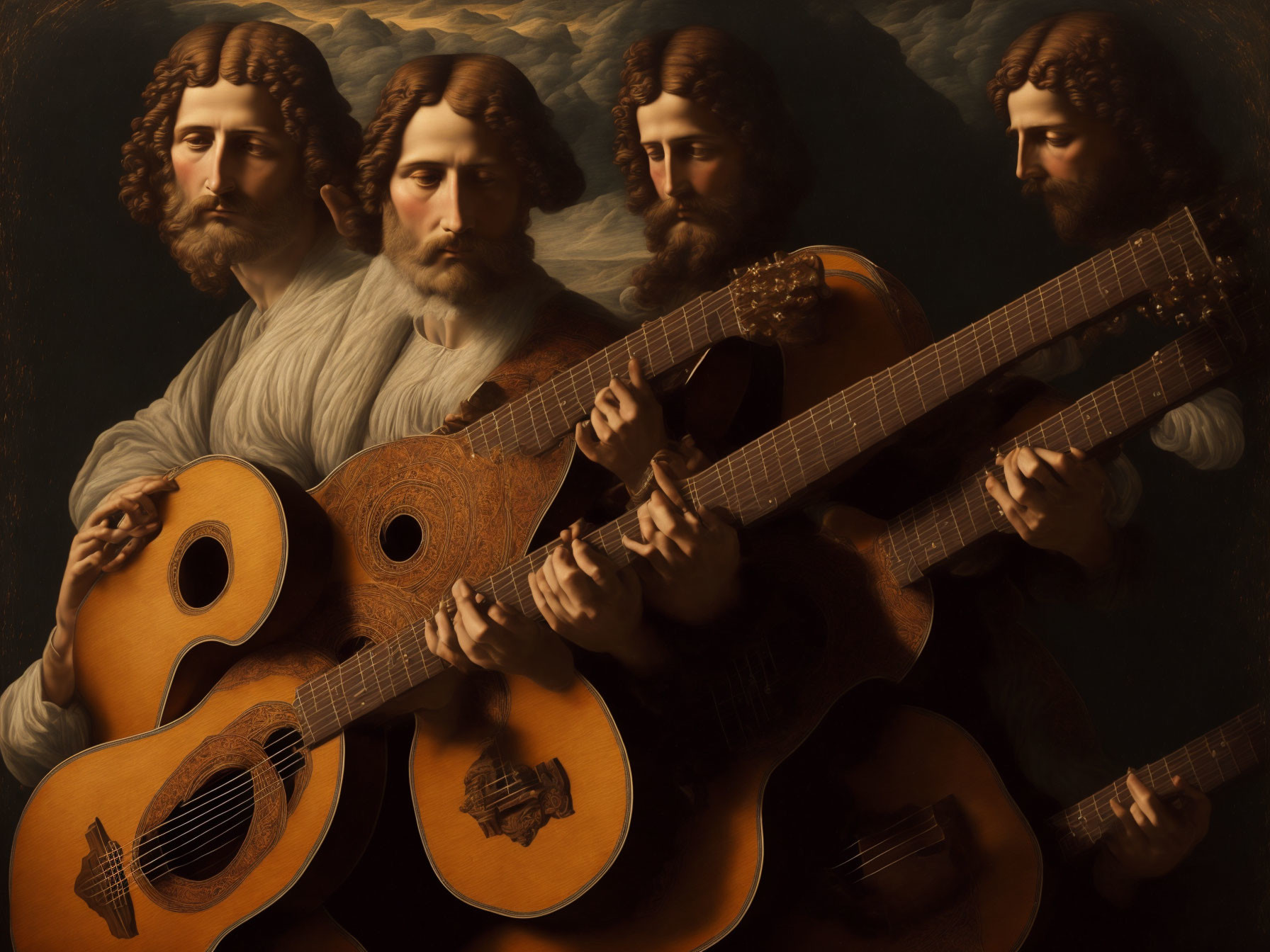 Surreal image of multi-armed figure with guitars in Renaissance-style setting