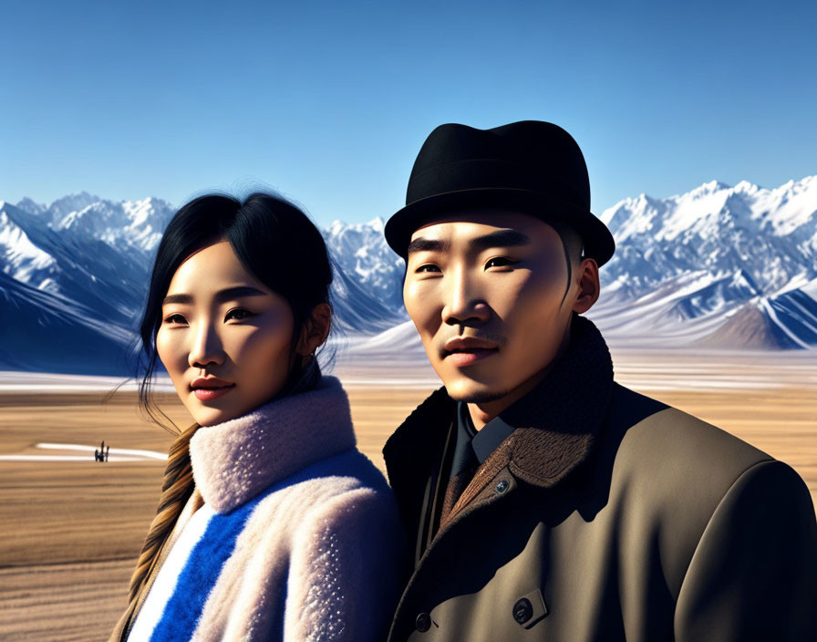 Stylized male and female digital characters in mountain landscape