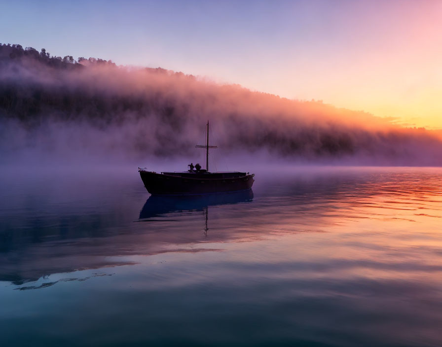 Tranquil dawn landscape with boat on calm water and colorful skies