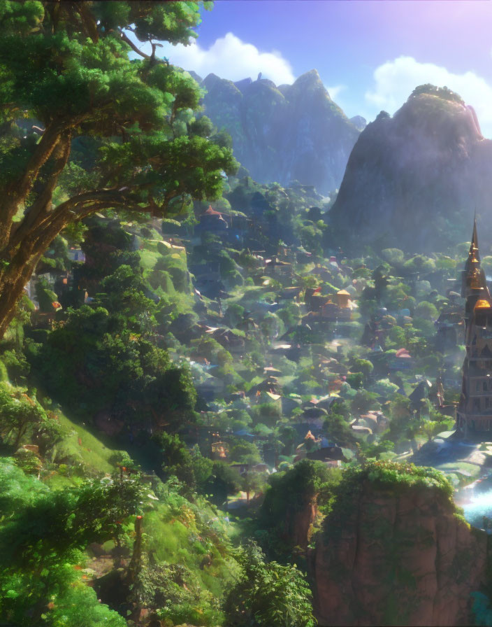 Enchanted valley village nestled among lush mountains
