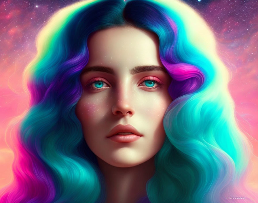 Vibrant digital art portrait of woman with blue and purple hair and turquoise eyes on colorful nebula