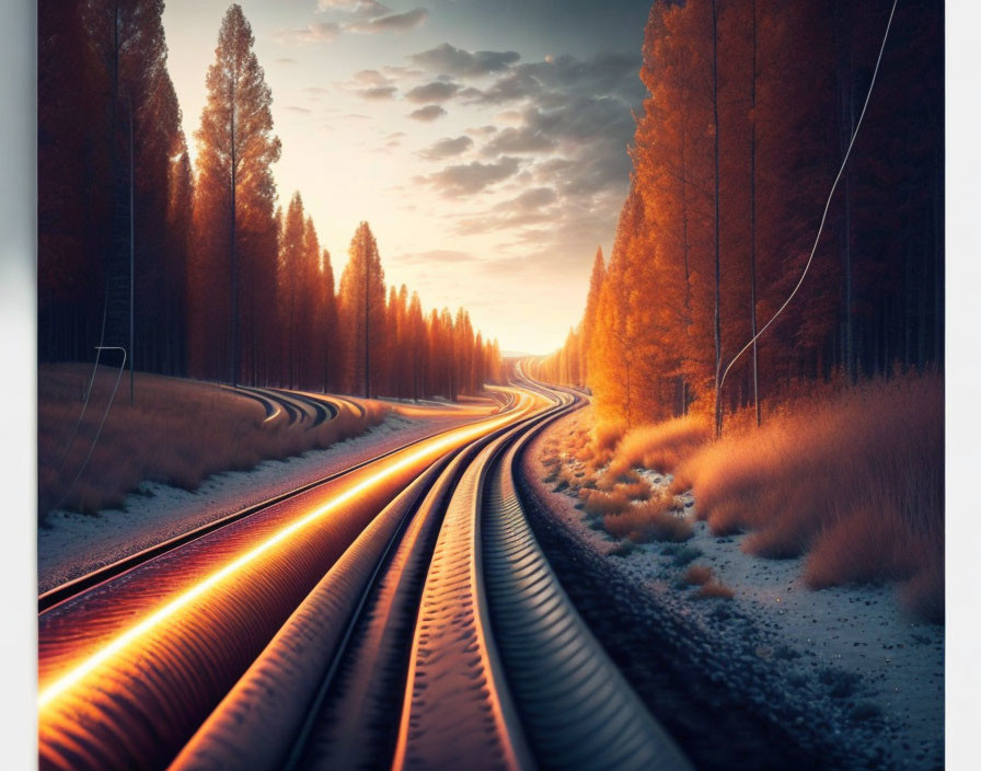 Snowy forest sunset: Railroad tracks curving, golden light reflection