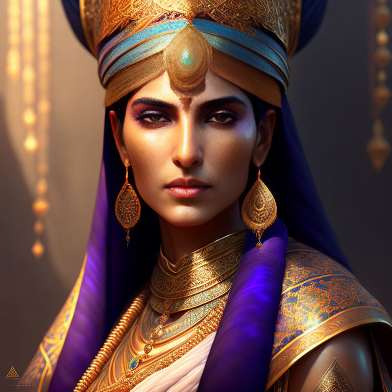 Regal woman in golden headgear and purple robe exudes majesty
