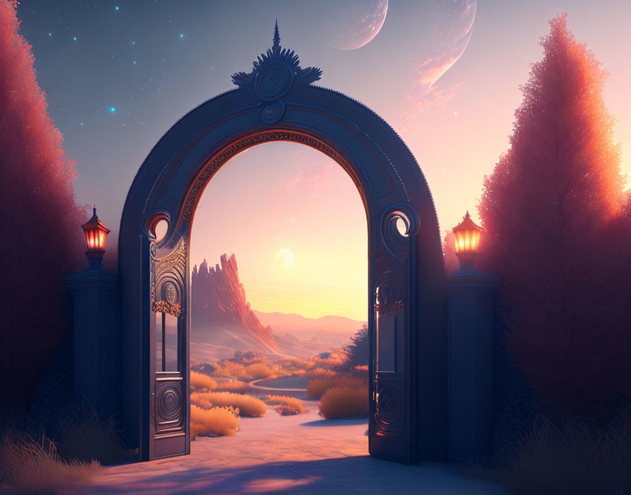 Ornate gate opens to fantasy landscape with twin moons