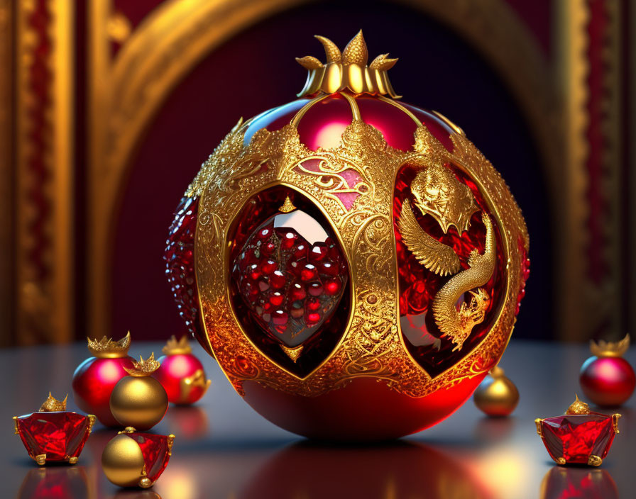 Golden sphere with dragon designs and red crystals on reflective surface in purple backdrop