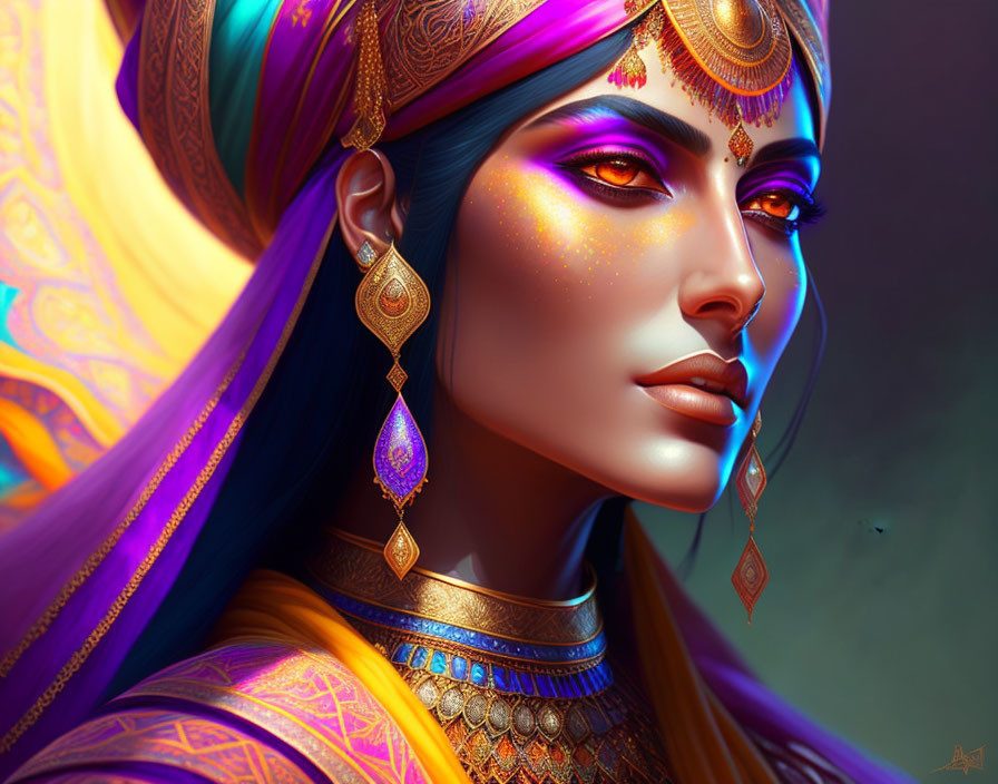 Digital art portrait of woman with blue skin, purple hair, golden jewelry, and henna-inspired designs