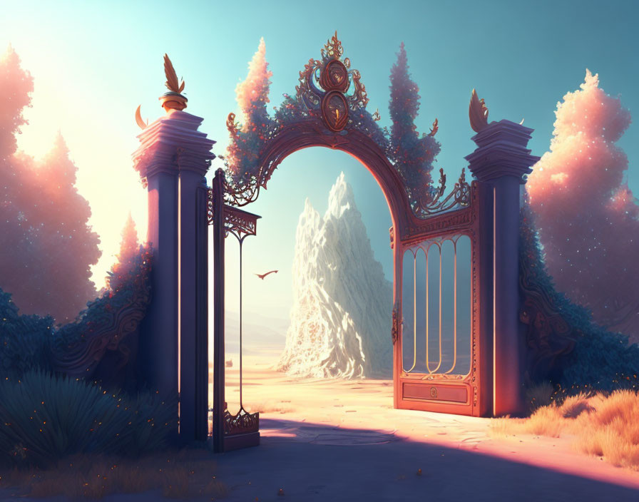 Ornate open gate to mystical landscape with towering mountain