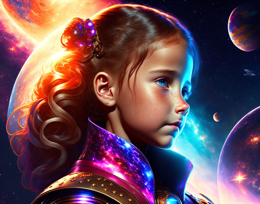 Young girl in cosmic outfit with galaxies and planets in futuristic setting