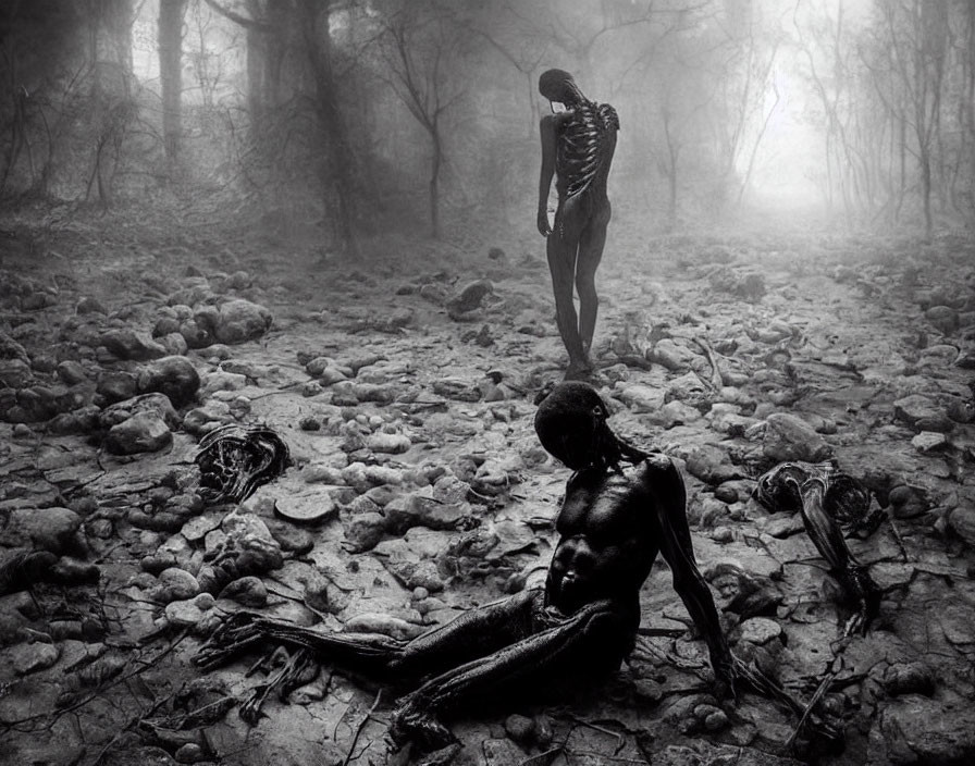 Monochrome artistic image of skeletal figures in misty rocky landscape