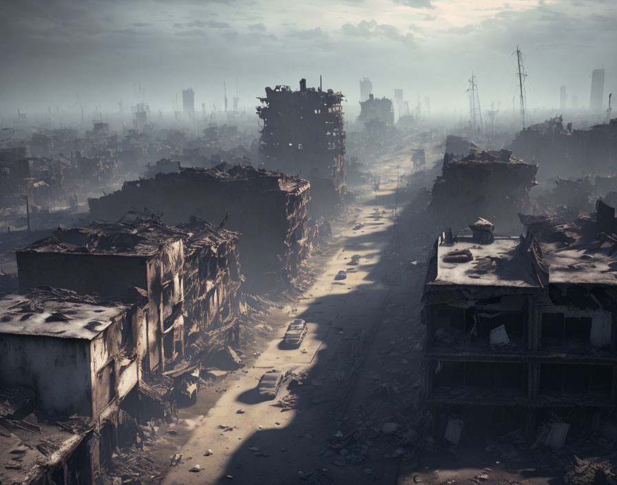Desolate urban landscape with dilapidated buildings and debris under a hazy sky