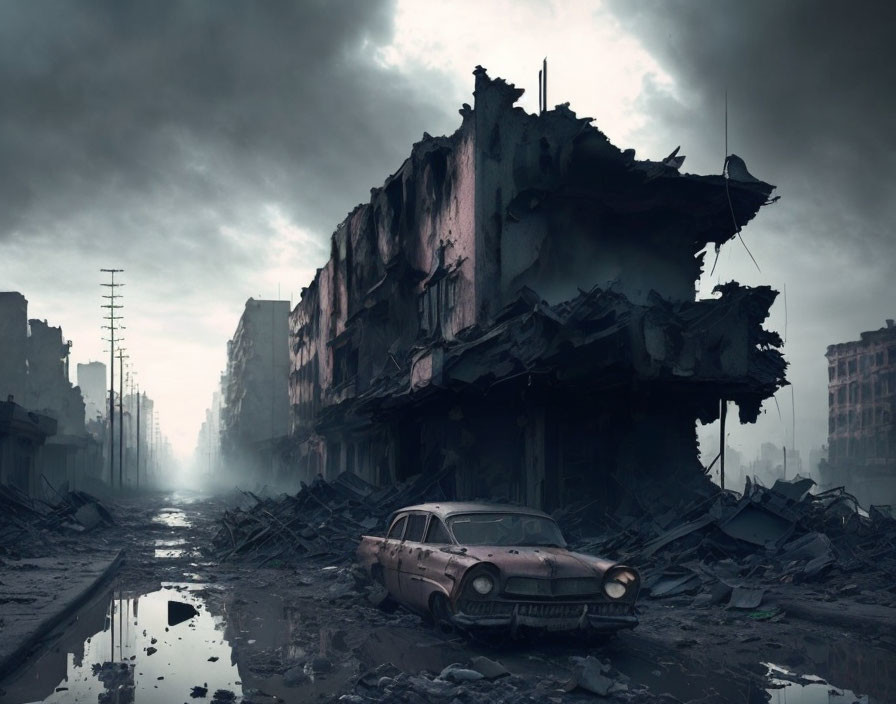 Abandoned cityscape with decayed buildings and vintage car in rubble