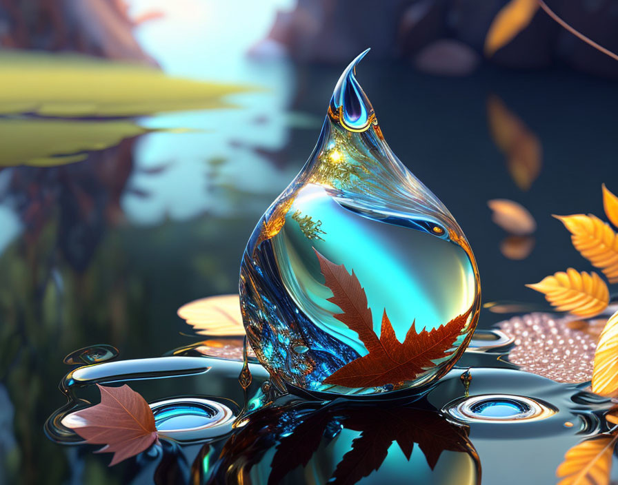 Reflective water droplet with colorful feather and floating leaves on tranquil surface