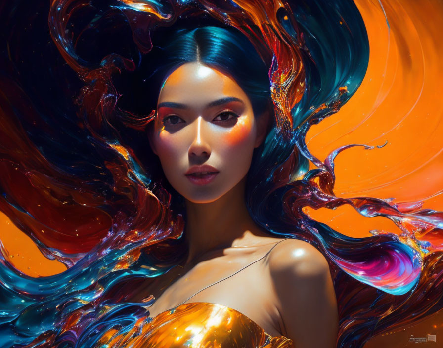 Striking woman surrounded by vivid multicolored swirls