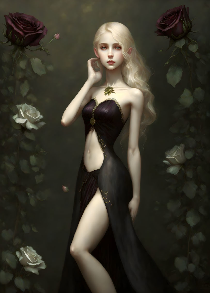 Pale-skinned woman with long blonde hair in dark dress amidst floating roses on muted background