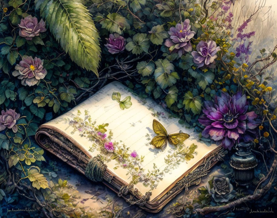 Open book with greenery, flowers, and butterflies in forest setting