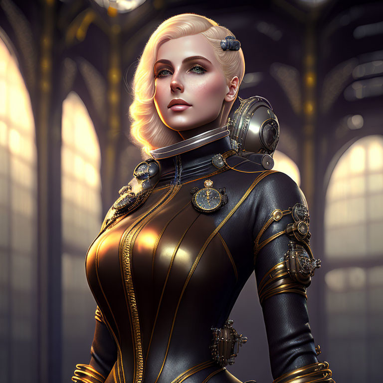 Blond-haired woman in futuristic attire with elegant mechanical details