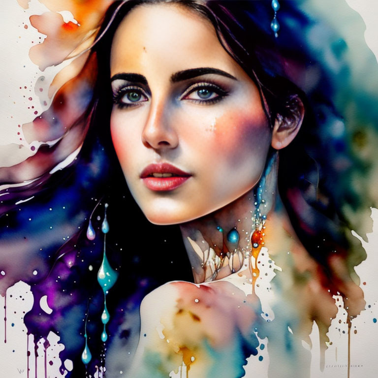 Colorful digital artwork: Realistic female portrait blends with abstract watercolor splashes