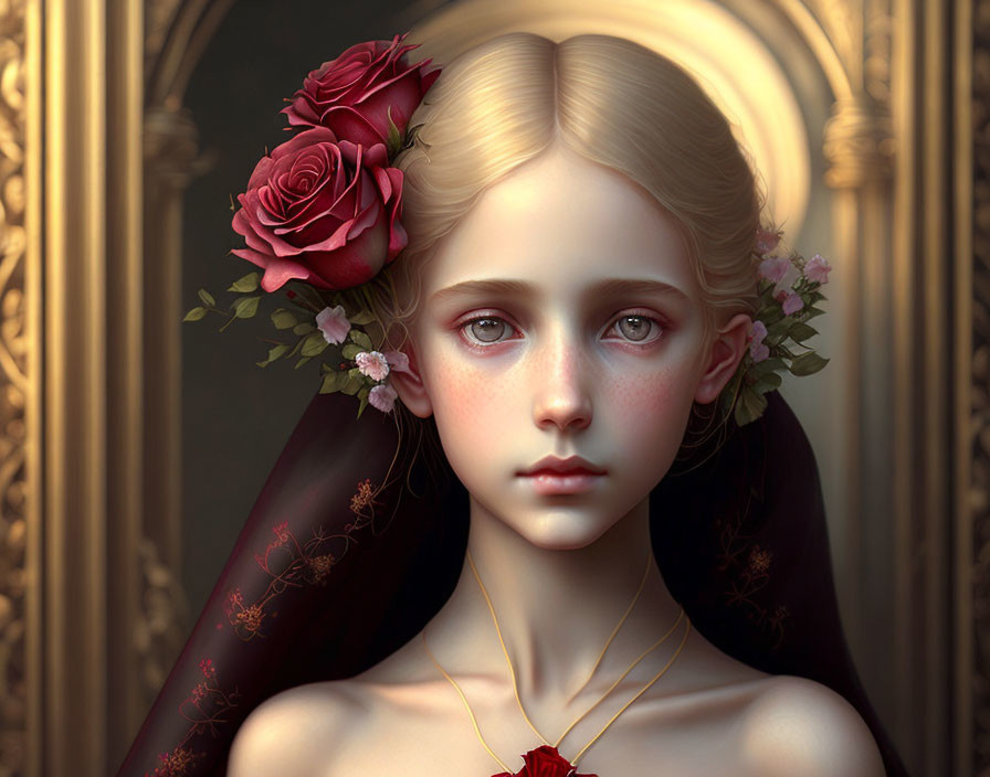 Young girl with blonde hair and red rose adornments in digital portrait
