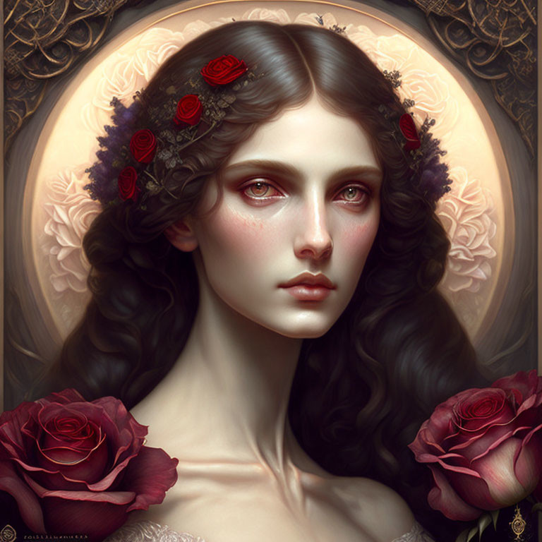 Woman Portrait with Red Rose Floral Crown on Ornate Golden Background