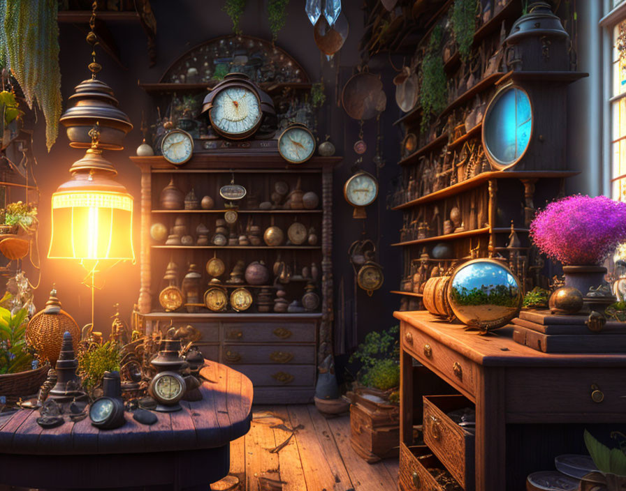 Vintage clocks, globes, books, and curiosities in a cozy antique shop