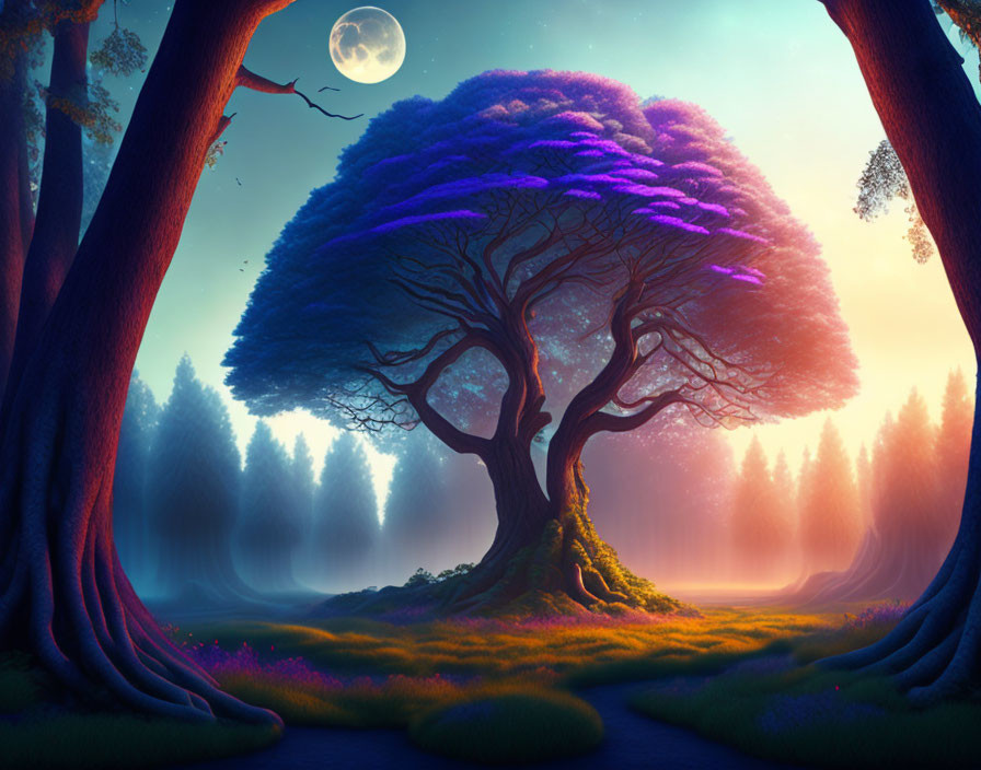 Vibrant blue-purple tree in mystical moonlit landscape