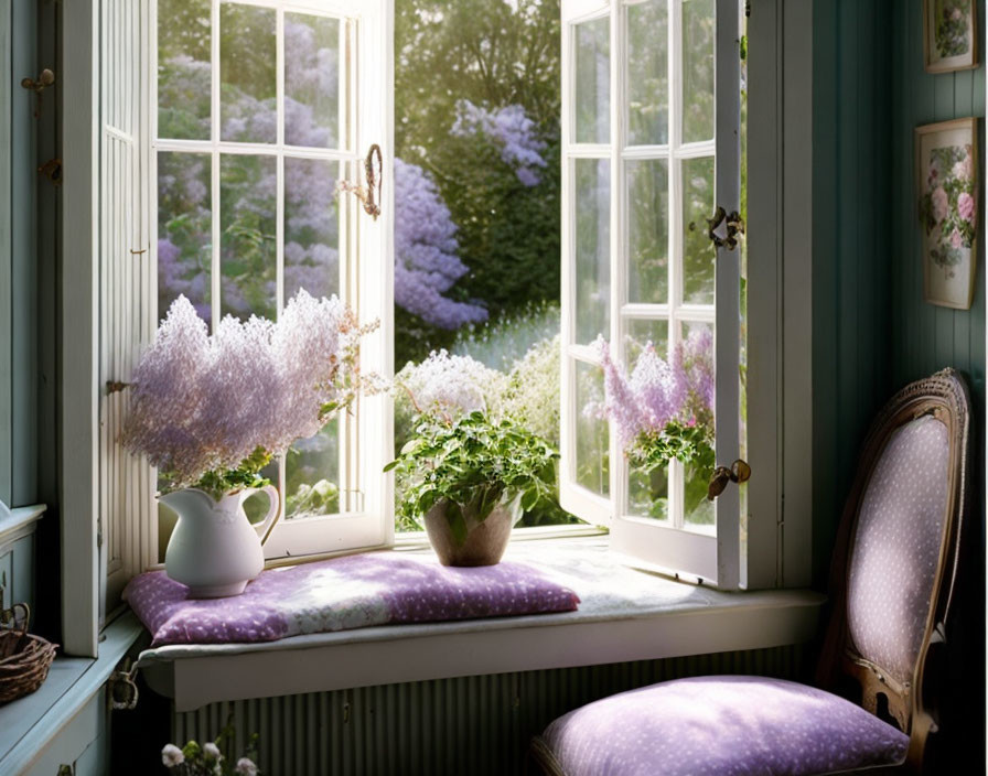 Sunlit Room with Lilac Bushes and White Pitcher on Windowsill