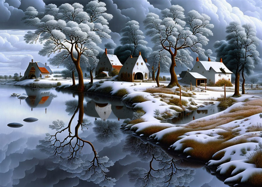 Winter scene: Snowy landscape, cottages, trees, lake, cloudy sky