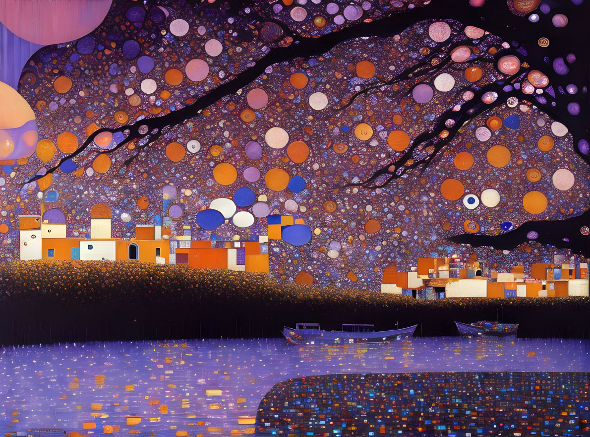 Nocturnal waterfront painting with boats, buildings, and starry sky
