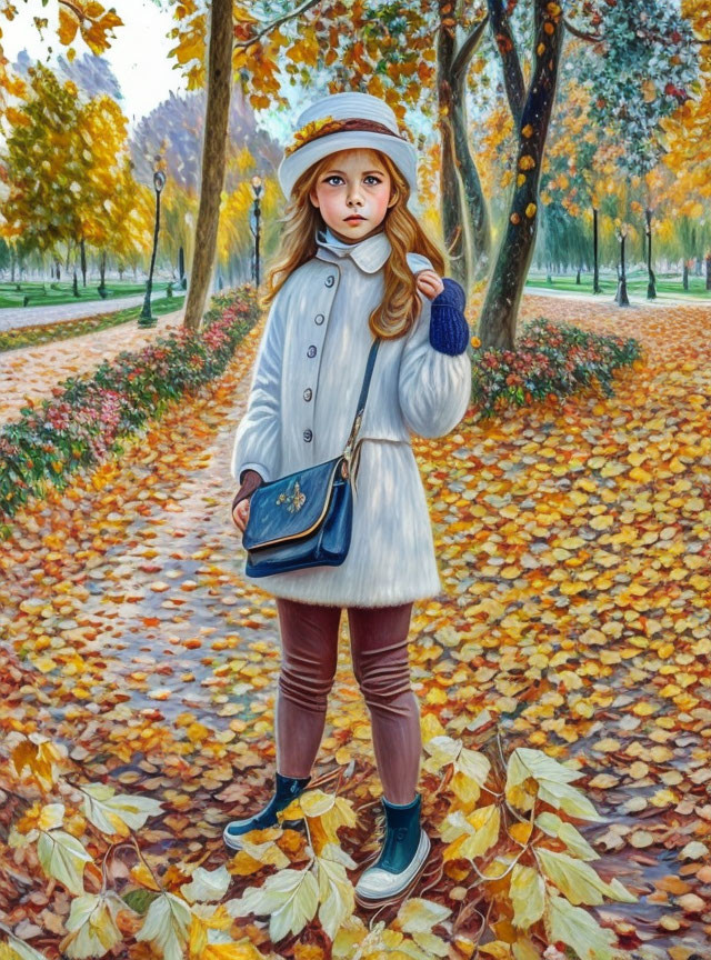 Young girl in white coat and beret standing on leaf-covered path in autumn forest.