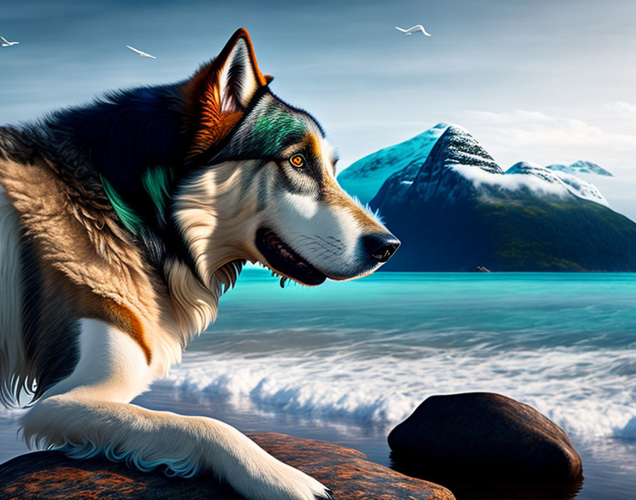 Detailed Husky Dog Illustration Overlooking Blue Sea & Mountains