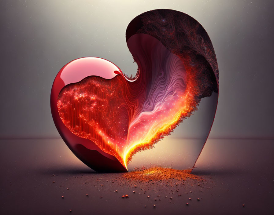 Heart-shaped 3D illustration with glassy and lava-like textures