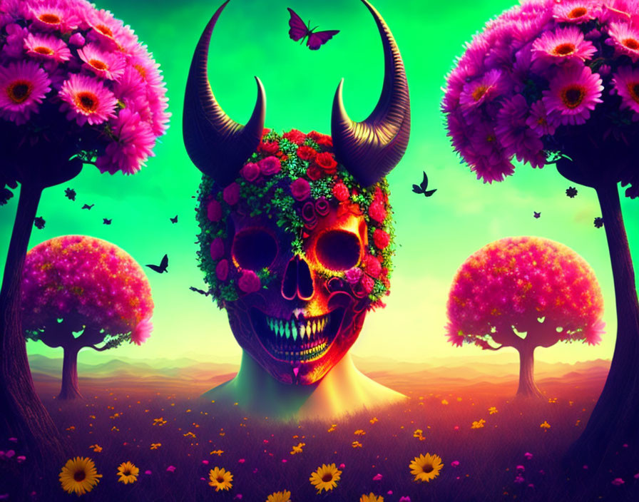 Surrealist landscape with skull, flowers, trees, and birds under purple sky