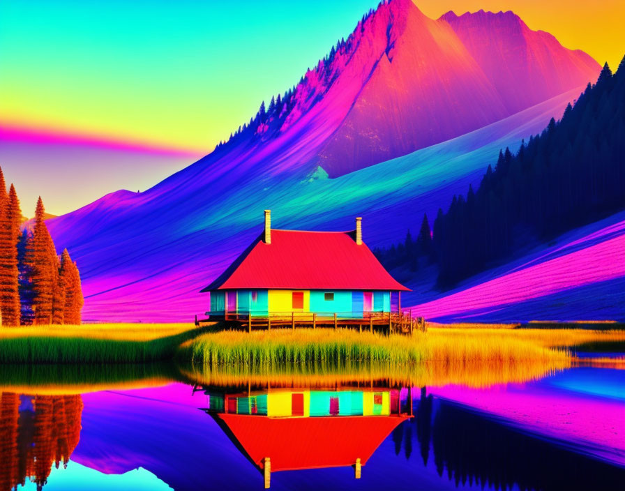 Colorful Landscape: Red-Roofed House, Reflective Lake, Neon Grass, Rainbow Mountains