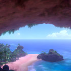 Scenic beach cave view with vibrant flora, ocean, sailboats, clear skies