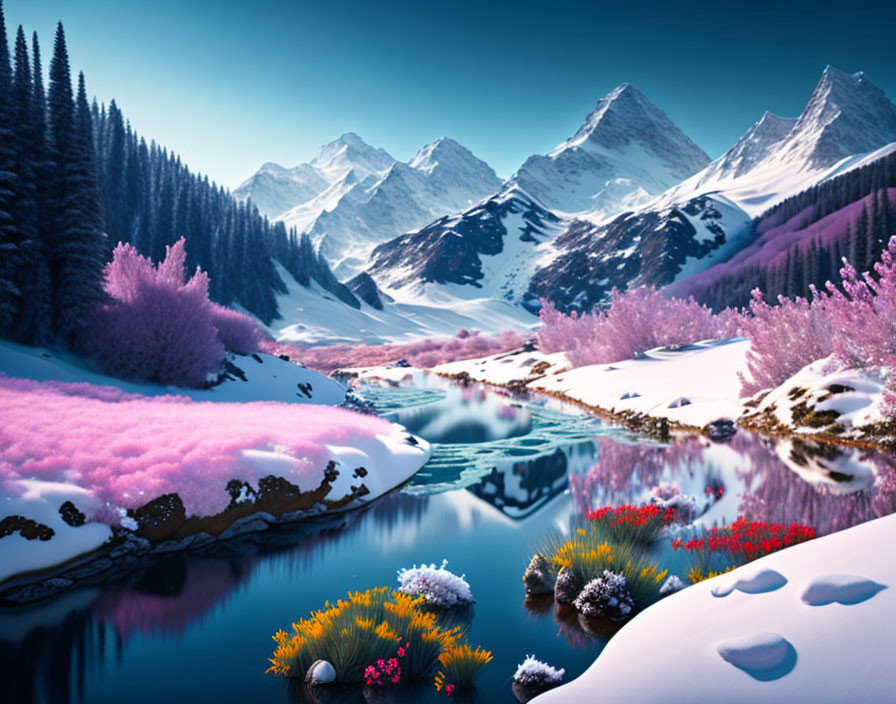 Snowy landscape with pink flowering trees, calm river, colorful flora, and snowy mountains