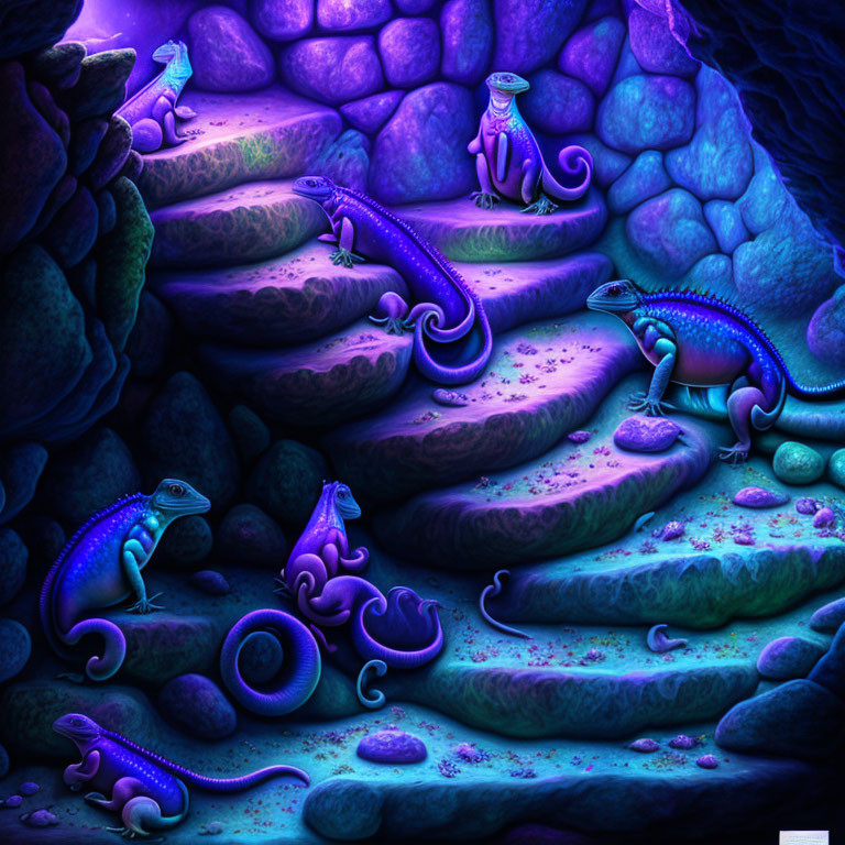 Vibrant purple bioluminescent lizard creatures in glowing cave