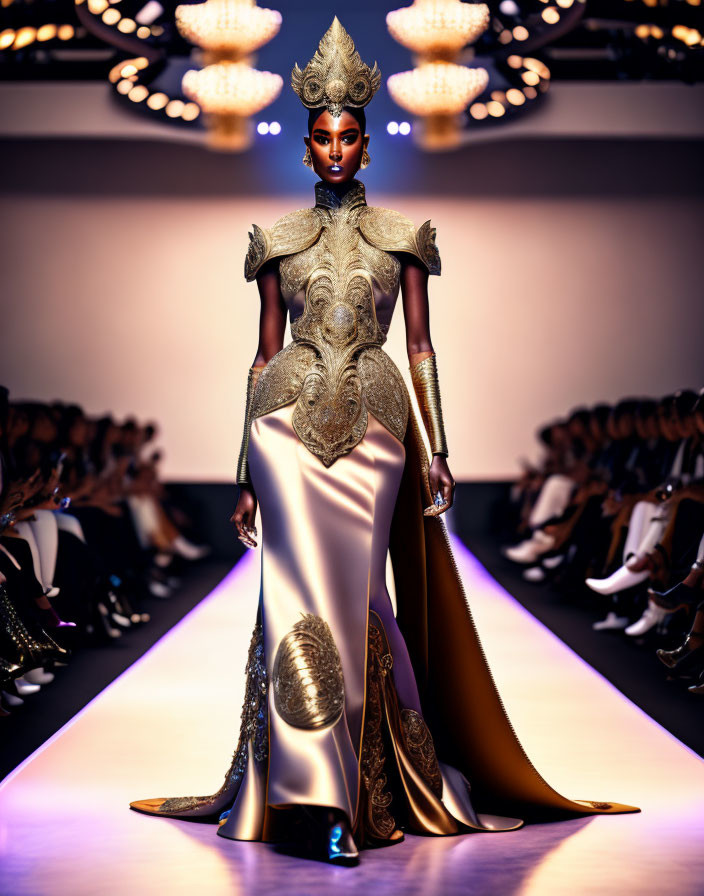 Fashion Show: Model in Gold-Embellished Gown & Regal Headpiece