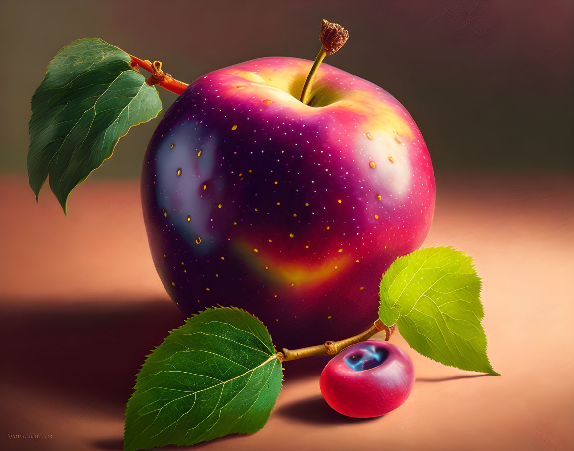 Surreal galaxy-patterned apple and realistic cherry on soft background