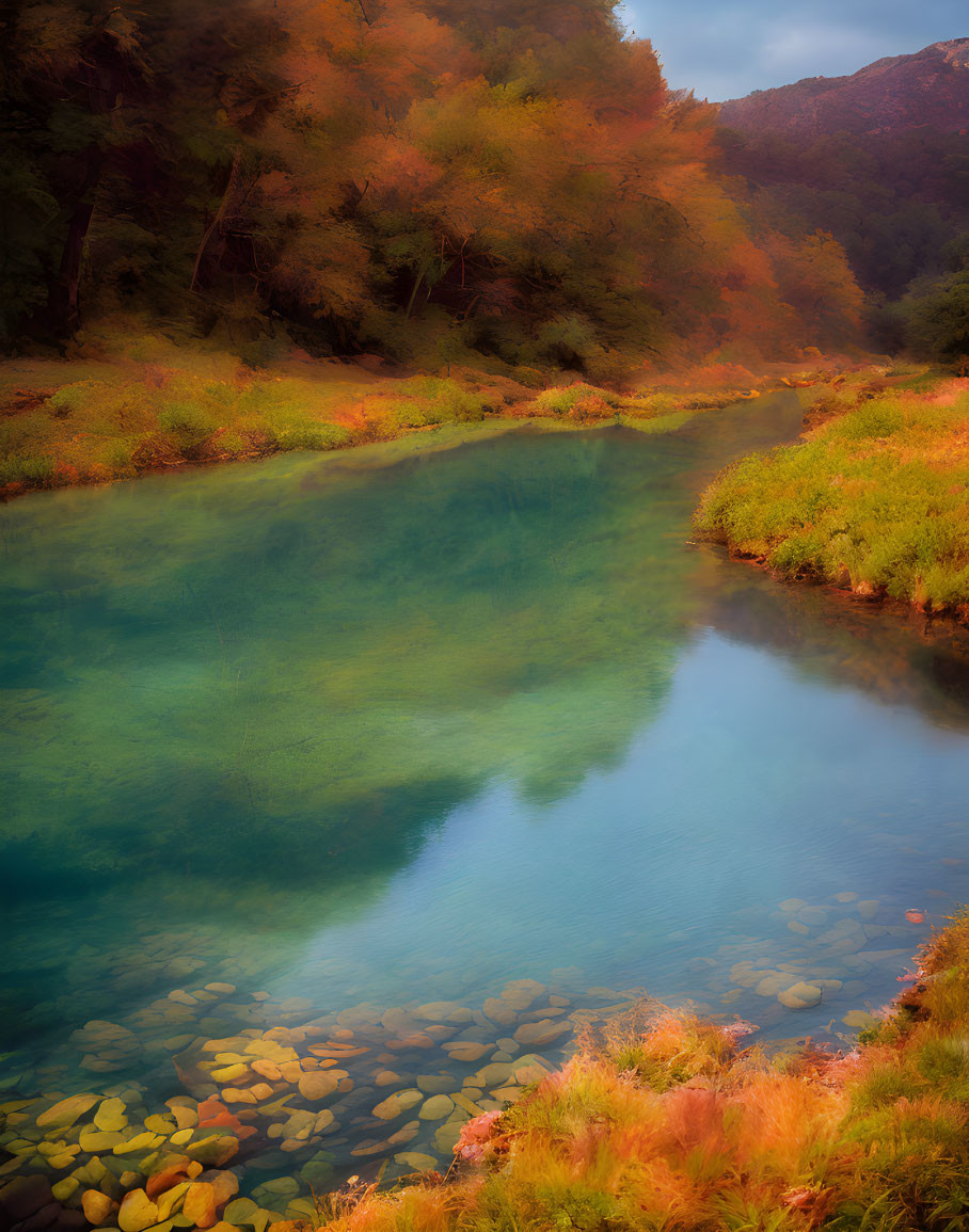 Tranquil river in vibrant autumn landscape with clear water and colorful foliage