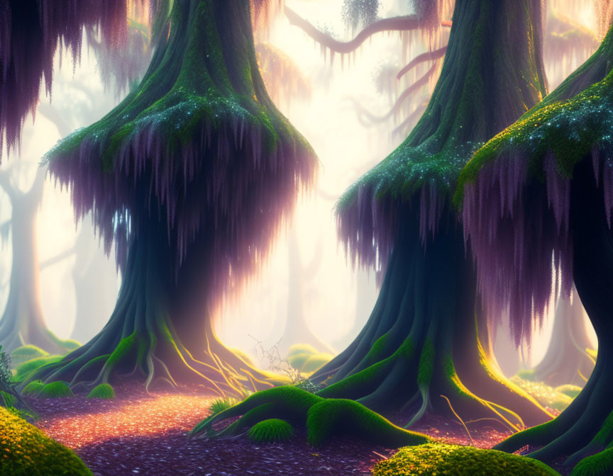 Enchanting forest scene with twisted moss-covered trees in soft light