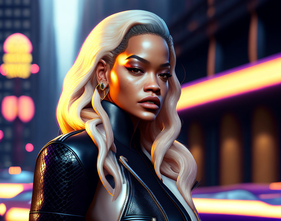 Platinum blonde woman in black leather jacket against neon-lit city