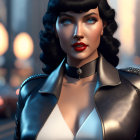 Stylized 3D illustration of woman in futuristic outfit against city nightscape