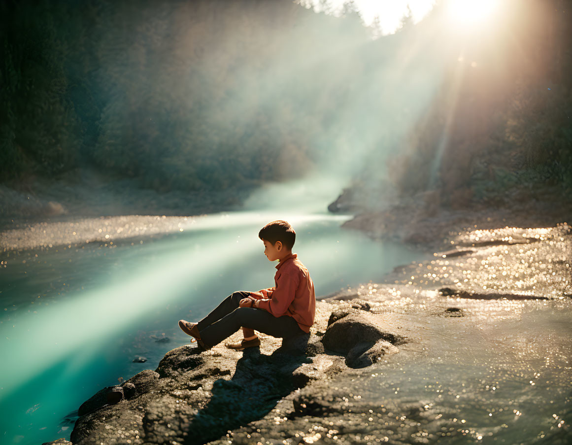 Child Sitting on Rocky Riverbank in Warm Sunlight by Serene Blue River