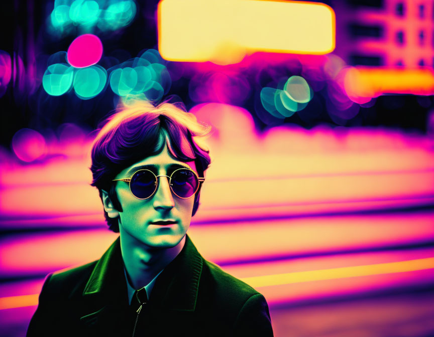Man in round sunglasses and dark coat in neon-lit cityscape with bokeh lights